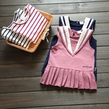 学院风 2016秋季新款女童海军领纯棉T恤+背心裙衫两件套 儿童套装