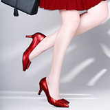 欧美新款细跟尖头高跟鞋女鞋浅口蝴蝶结单鞋红色中跟低帮真皮鞋子