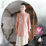 佛笑缘中式中国风原创手绘上衣棉麻女装亚麻白衬衫中长款衬衣夏装