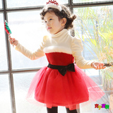 韩版中小童加绒加厚高领长袖女童公主裙 连衣裙圣诞新年红裙子