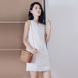 2016夏季白色苎麻无袖直筒连衣裙简约气质花朵刺绣裙子WB3557