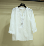 2016韩版白衬衫女V领细竖条纹衬衣短袖职业OL长袖工作服蓝色