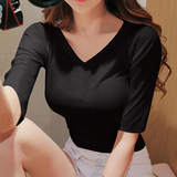 新款韩版修身V领中袖T恤衣服女夏装五分袖显瘦打底衫上衣体恤衫潮