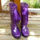 雨靴雨鞋女时尚韩国版系带中筒学生水鞋紫纯色日原单正品外贸