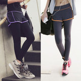 韩版健身假两件运动长裤女 瑜伽健身跑步裤 透气打底弹力紧身裤