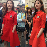 刘亦菲明星同款秋装新款时尚巴黎现场中长款中袖衬衫领红色连衣裙