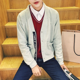 秋季男装韩版V领短款针织开衫韩版修身长袖毛衣上衣外套纯棉线衣