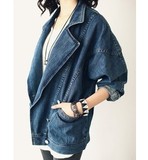 2015秋季新品韩版BF风宽松大码中长款牛仔外套女学生长袖牛仔风衣
