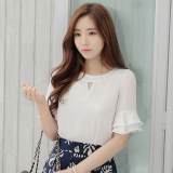 2016夏季新款女装韩版纯色甜美短袖套头荷叶边圆领雪纺衫上衣女潮