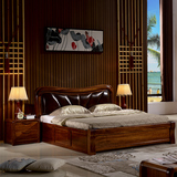 航轩世家胡桃木床中式家具实木床1.8米软靠双人床高箱储物真皮床