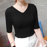 2016春夏新款V领中袖T恤女纯棉黑色打底衫紧身五分袖上衣韩版半袖
