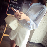 2016夏季韩版休闲衬衣圆领宽松上衣白色七分袖雪纺衬衫女韩范 F16