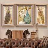 富贵孔雀高档美式复古装饰画客厅沙发背景墙挂画欧式有框三联壁画