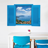 3d立体风景地中海风格蓝色假窗户墙贴纸过道餐厅客厅墙面装饰贴画