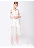 糖力2016夏装新款欧美 白色简约网格修身显瘦V领无袖连衣裙预售