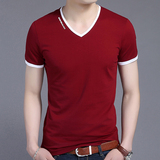 韩版夏季新款男士短袖T恤V领纯棉修身纯色青年男装体恤鸡心领潮流