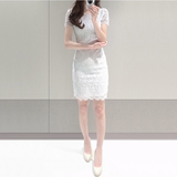 女装夏装2016新款韩系短袖勾花收腰白色蕾丝连衣裙修身显瘦中长裙