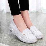 夏季气垫护士鞋白色真皮舒适小白鞋坡跟防滑女单鞋低帮美容师鞋