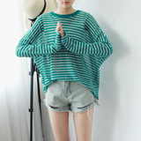 韩版大码冰丝条纹镂空长袖针织衫女套头宽松超薄款毛线衣夏季新款