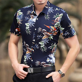夏季中年男士短袖衬衫印花丝光棉短袖花衬衫大码薄半袖男休闲衬衣