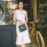 2016新款韩版夏装中长款白色荷叶边连衣裙圆领无袖背心裙子女夏