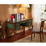 美式乡村书桌实木手绘电脑台办公桌宜家整装复古绿色彩绘书桌椅