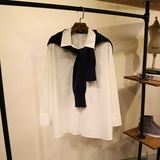 韩国代购2016春装毛衣披肩休闲纯棉长袖白衬衫上衣两件套大码女装