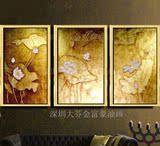 泰式纯手绘油画东南亚风格贴金箔荷花装饰画墙饰三联抽象挂画荷花