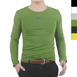 秋冬装新款男士式莱卡纯棉修身弹力圆领长袖T恤 果绿色内衣打底衫