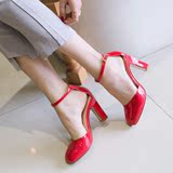 韩国漆皮方头浅口粗跟高跟鞋红色单鞋一字搭扣女工作鞋2016春夏款