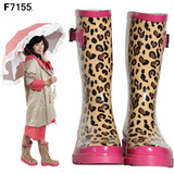 欧美时尚创意潮流风女士粉色豹纹高筒中筒百搭雨鞋雨靴水鞋