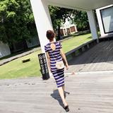 HONEY SASA韩国性感后背镂空薄冰丝长款开叉修身横条纹连衣裙夏季