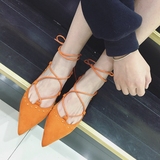 欧美女鞋子复古时尚朋克风铆钉绒面交叉绑带尖头低跟单鞋黑色橙色