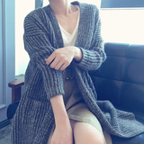 2016韩国代购秋冬新款韩版复古宽松茧形中长款毛衣外套女加厚开衫