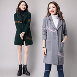 2016新款秋款大衣韩版修身中长款羊毛字母针织外套女毛衣开衫风衣