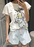 韩版睡衣女士夏季短袖短裤纯棉可爱卡通萌小熊少女格子家居服套装