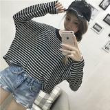 2016夏装新款女装韩版大码宽松短款防晒上衣 简约显瘦条纹长袖T恤
