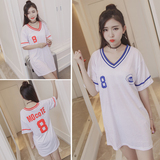 2016夏季新款女装韩版中长款宽松V领运动棒球上衣数字印花短袖T恤