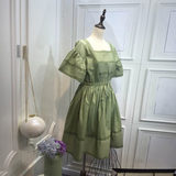 设计师原创夏季韩国货纯色方领短袖连衣裙A字裙实拍女装包邮