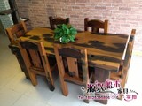 船木餐桌长方形一桌6椅中山老船木家具餐台长餐台新品YX026