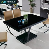 包邮特价黑色钢化玻璃长方桌 时尚简约餐台椅组合 现代小饭桌皮椅
