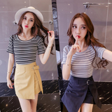 2016秋季新款韩版两件套女装套裙条纹短袖针织衫高腰A字短裙套装