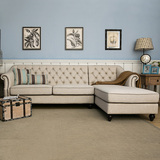 美式乡村风格转角贵妃L型沙发组合棉麻布艺拉扣小户型客厅家具