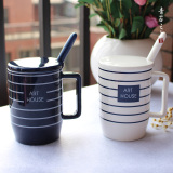 简约陶瓷杯水杯子条纹咖啡杯牛奶茶杯情侣早餐办公室马克杯带盖勺
