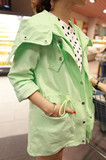 韩版新款 翻领系带修身工装大衣外套显瘦抽强中长款糖果色风衣 女