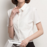 夏季白色短袖衬衫女雪纺 韩范网格拼接修身衬衣 通勤职业装学生