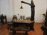 老船木家具实木茶桌中式功夫茶台靠背椅长凳灯架仿古石磨茶几组合