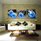 蓝色妖姬玫瑰花卉装饰画 墙壁挂画 客厅三联画 卧室无框画水晶画