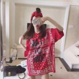 泰国潮牌夏季新款韩版宽松大码女装中长款字母印花短袖T恤带头箍
