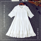 韩国东大门代购夏新款立领蕾丝连衣裙宽松五分袖短裙 白色娃娃裙